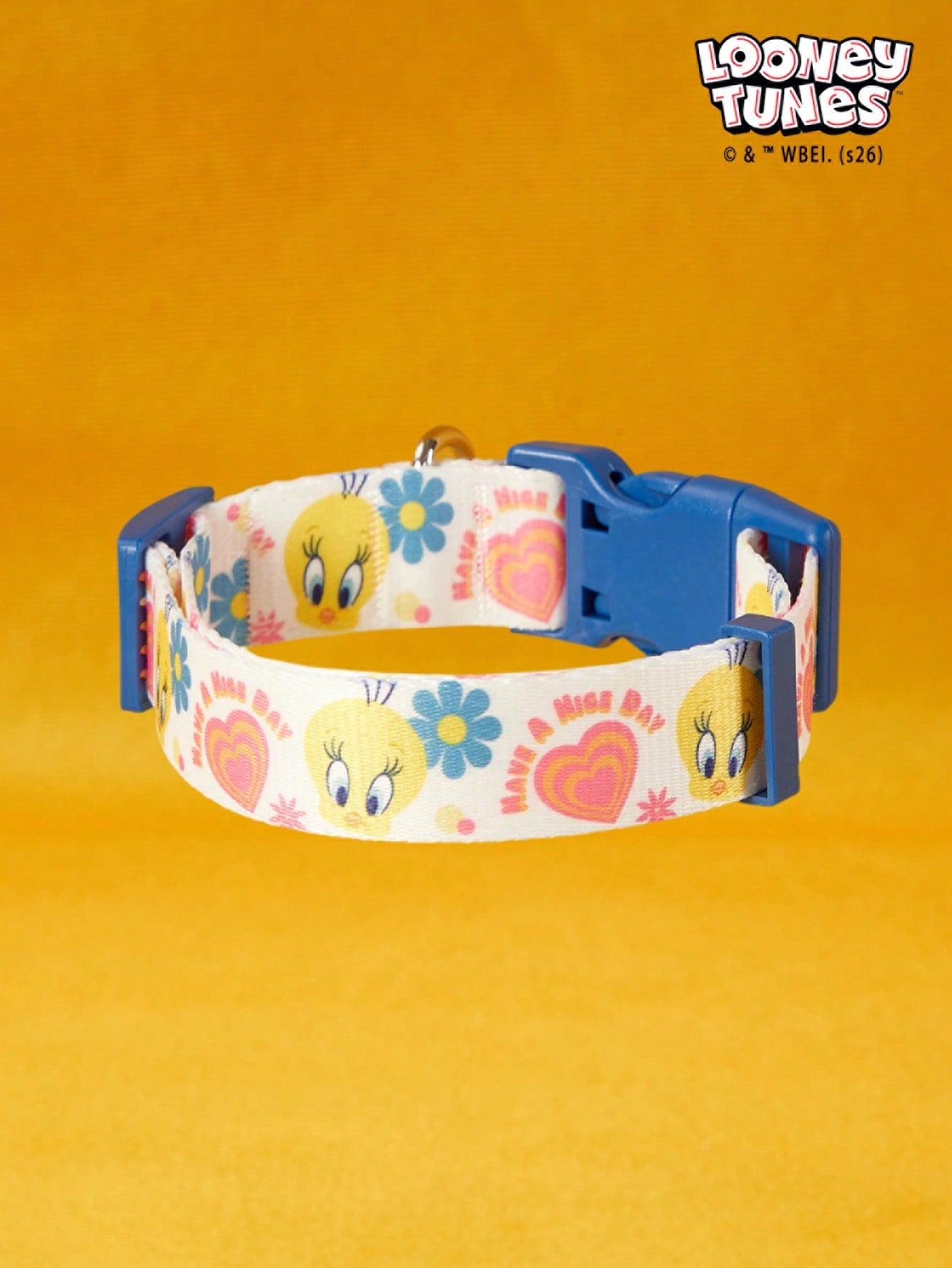 Blue adjustable polyamide dog collar with cartoon flower print for small and medium dogs, suitable for walking, training, and everyday wear.