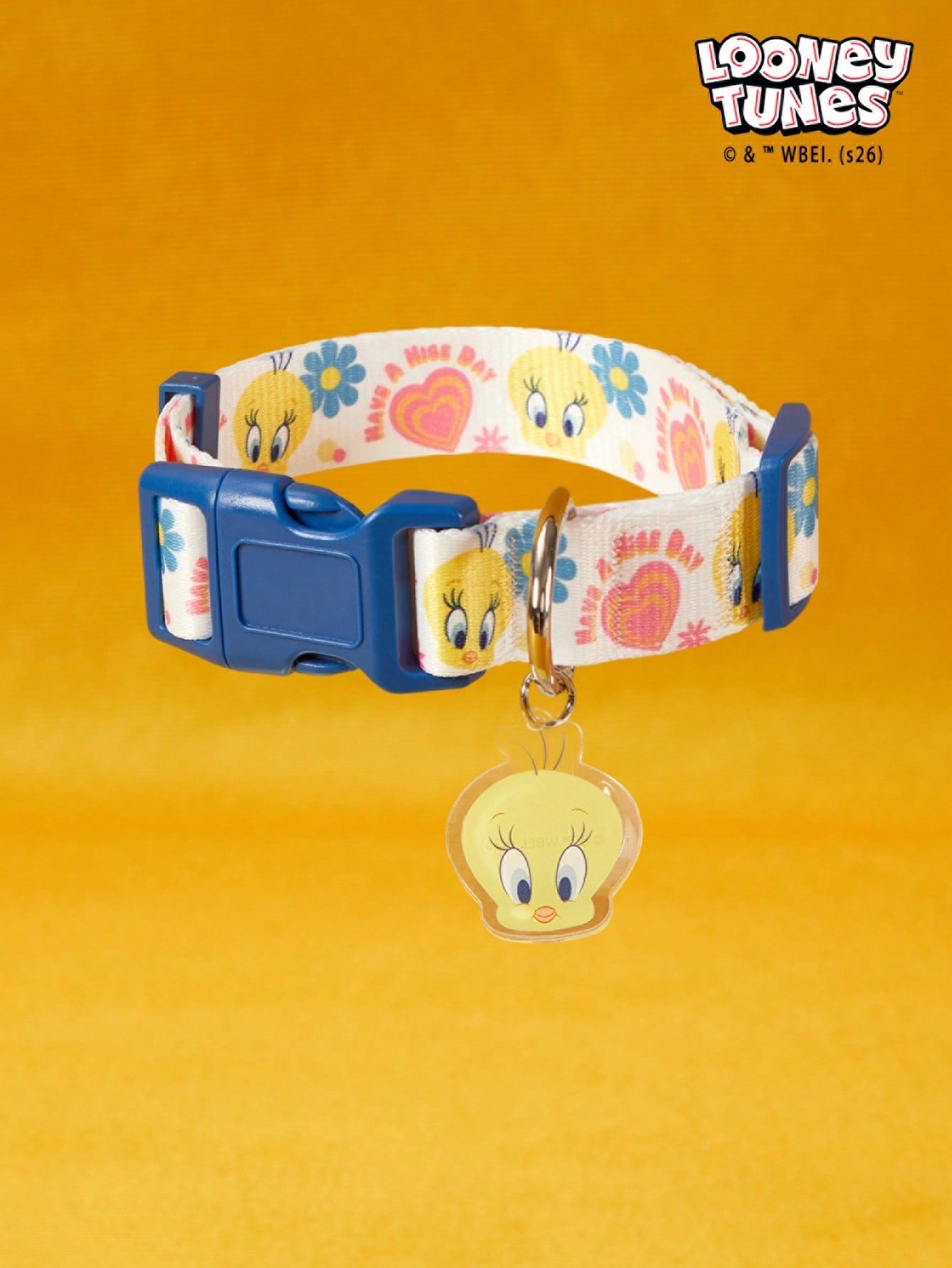 Blue adjustable polyamide dog collar with cartoon flower print for small and medium dogs, suitable for walking, training, and everyday wear.