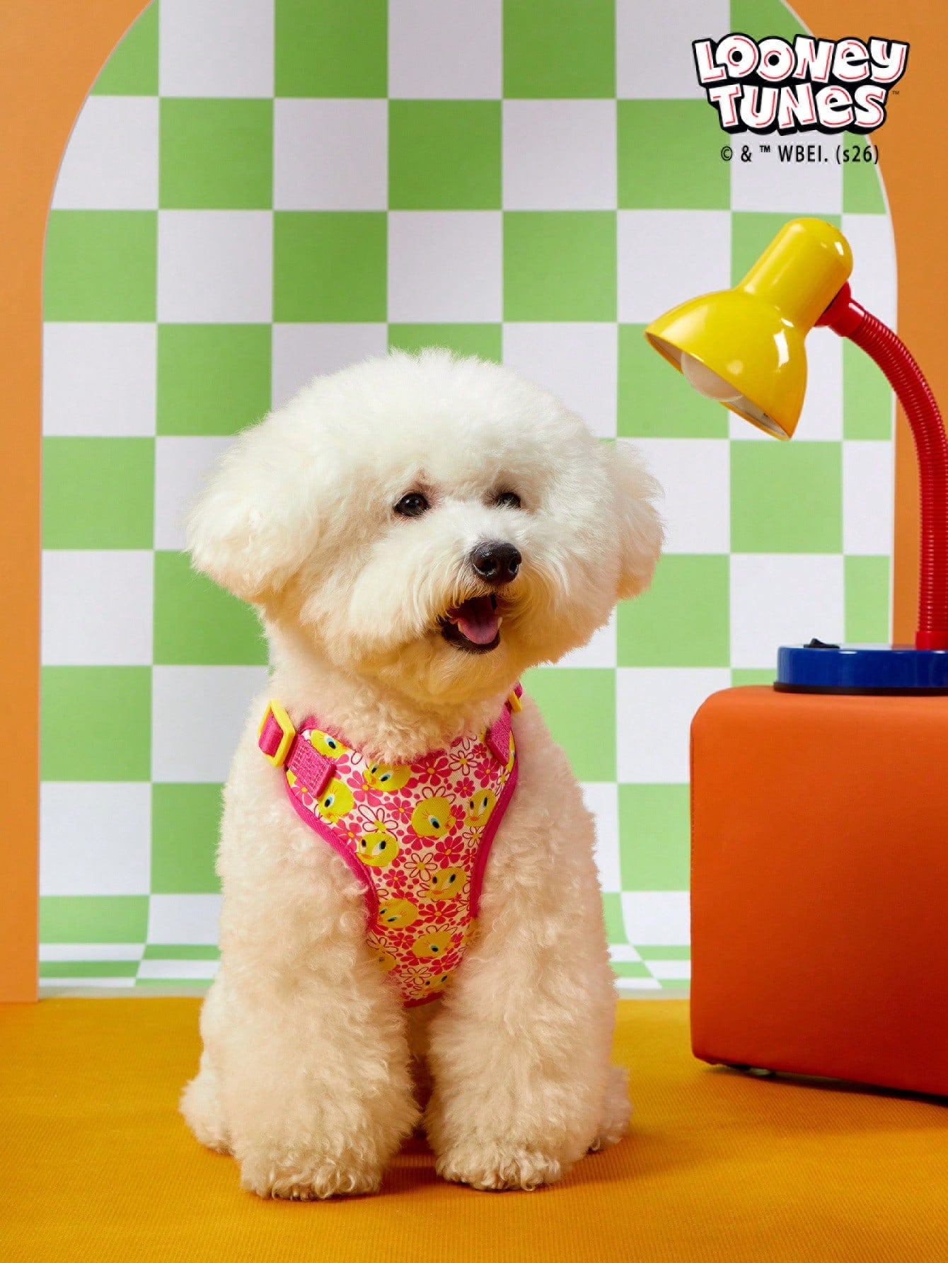 Powerpuff Girls cartoon dog harness with heart print, breathable polyester mesh, adjustable straps, and vibrant color block design for small dogs