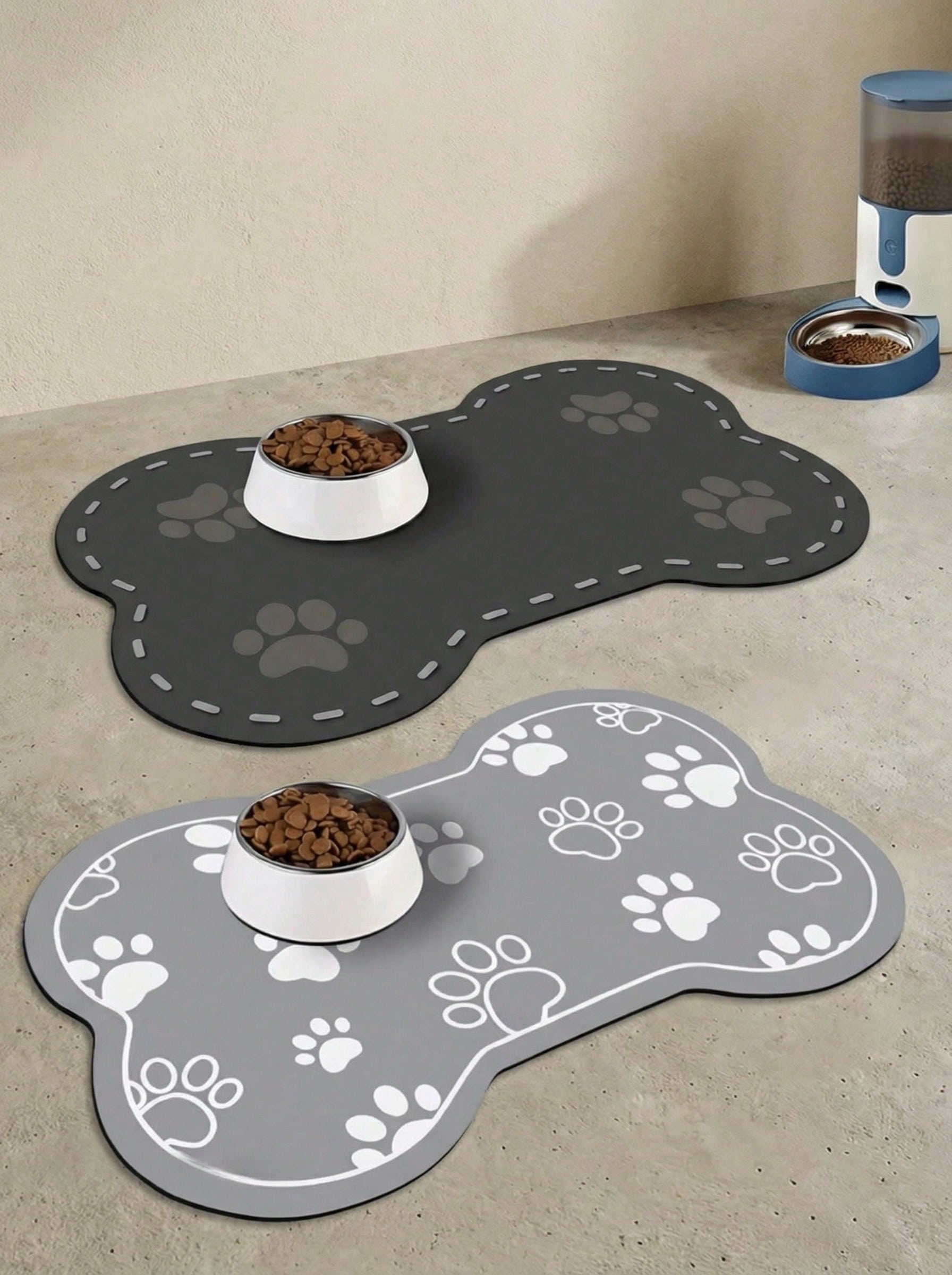 Multicolor cartoon diatomite pet feeding mat with cute paw print design for cats and dogs.