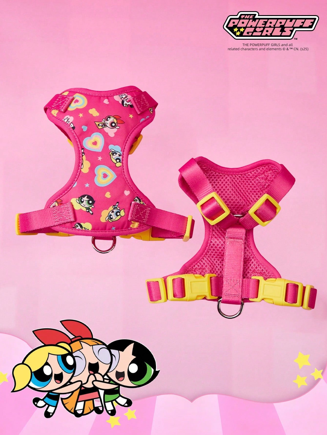 Powerpuff Girls cartoon dog harness with heart print, breathable polyester mesh, adjustable straps, and vibrant color block design for small dogs