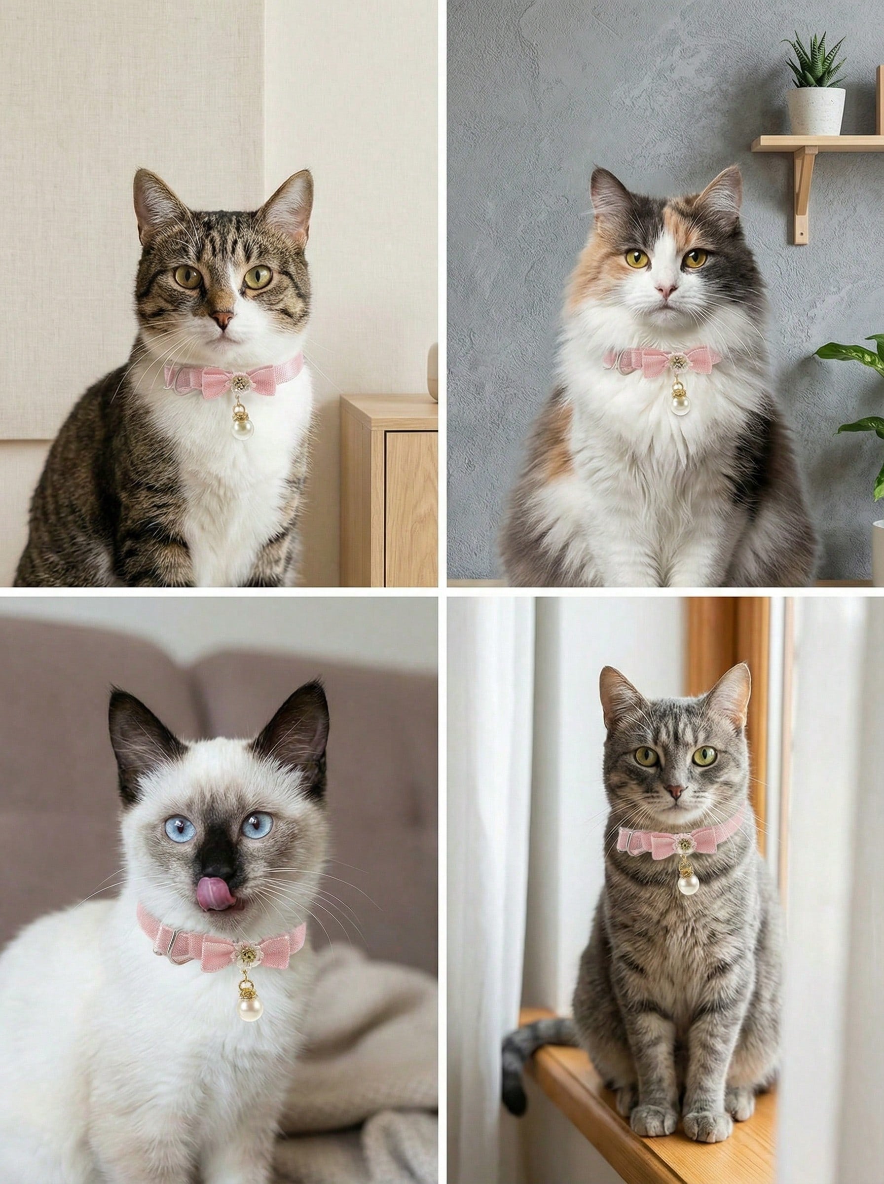 Baby pink adjustable polyester cat collar with quick release clasp, pearl pendant, white bead detail, bow, and flower decoration for kittens and cats.