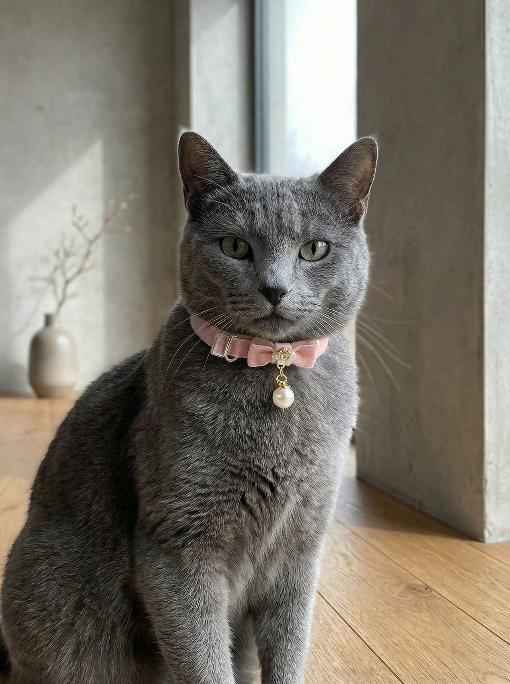 Baby pink adjustable polyester cat collar with quick release clasp, pearl pendant, white bead detail, bow, and flower decoration for kittens and cats.