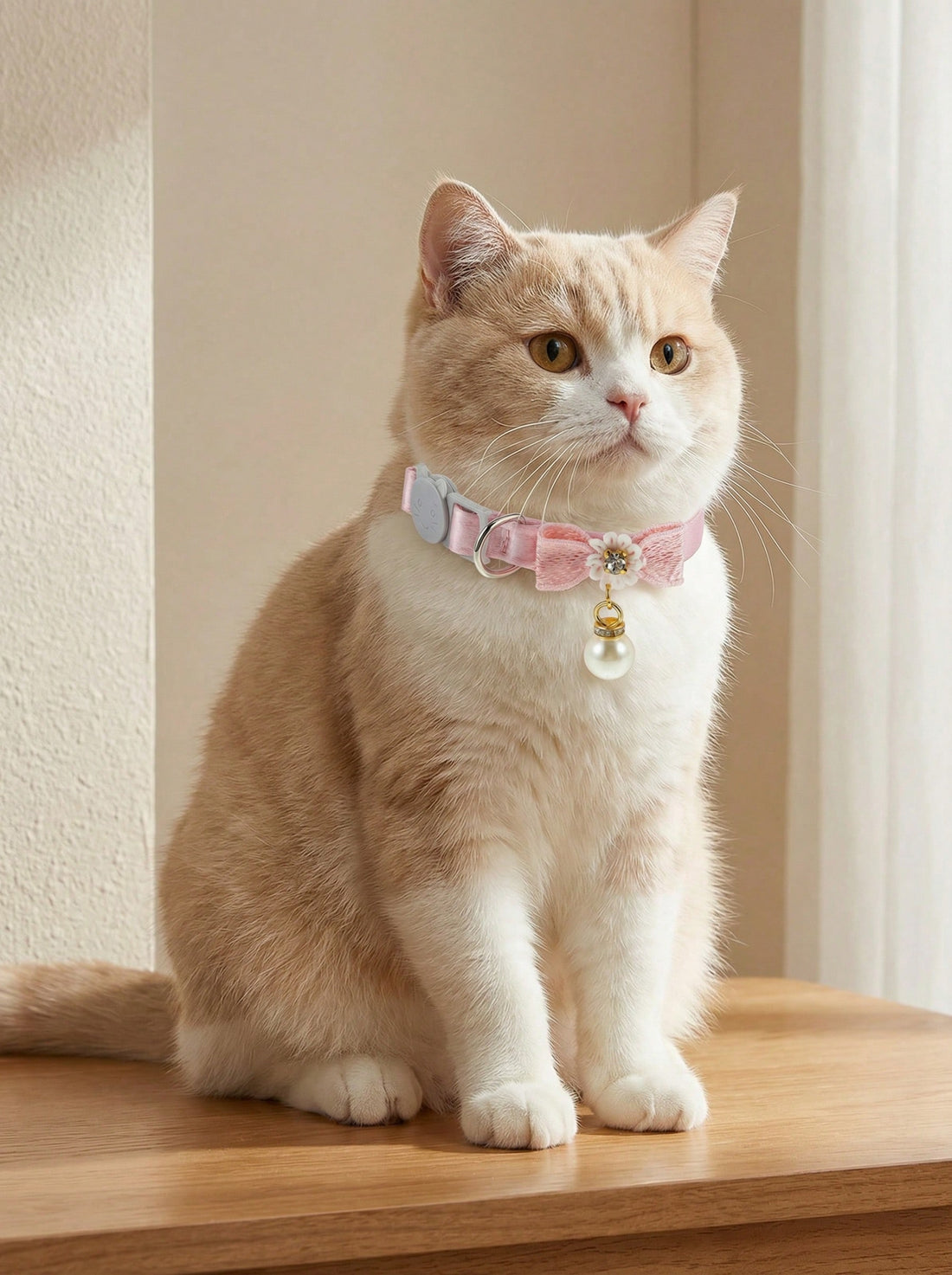Baby pink adjustable polyester cat collar with quick release clasp, pearl pendant, white bead detail, bow, and flower decoration for kittens and cats.