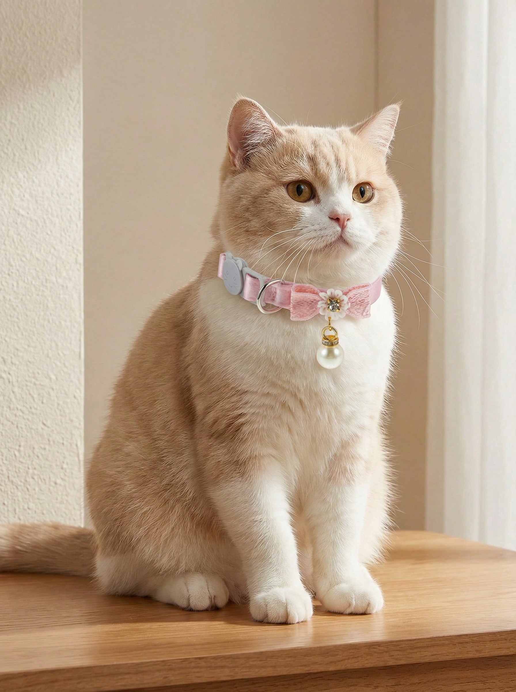 Baby pink adjustable polyester cat collar with quick release clasp, pearl pendant, white bead detail, bow, and flower decoration for kittens and cats.
