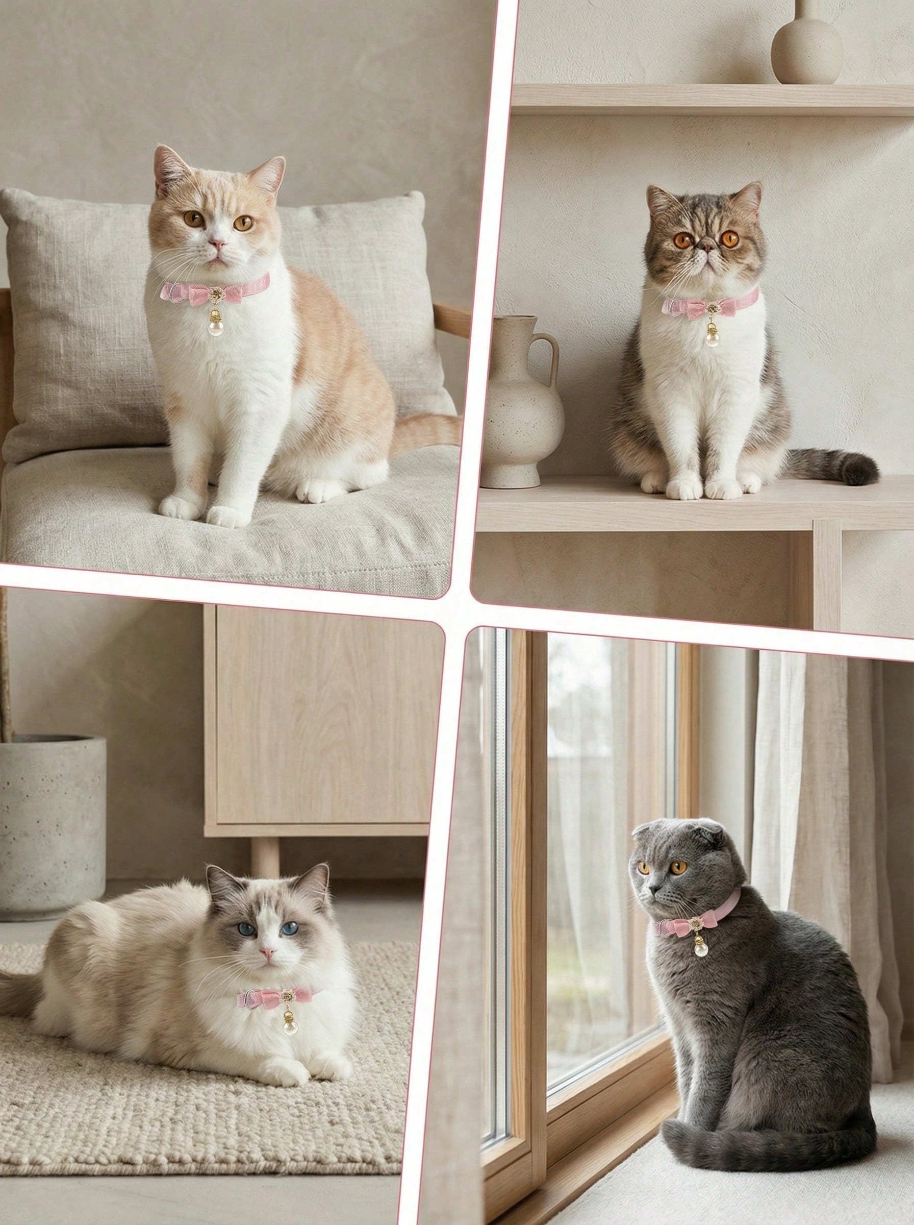 Baby pink adjustable polyester cat collar with quick release clasp, pearl pendant, white bead detail, bow, and flower decoration for kittens and cats.