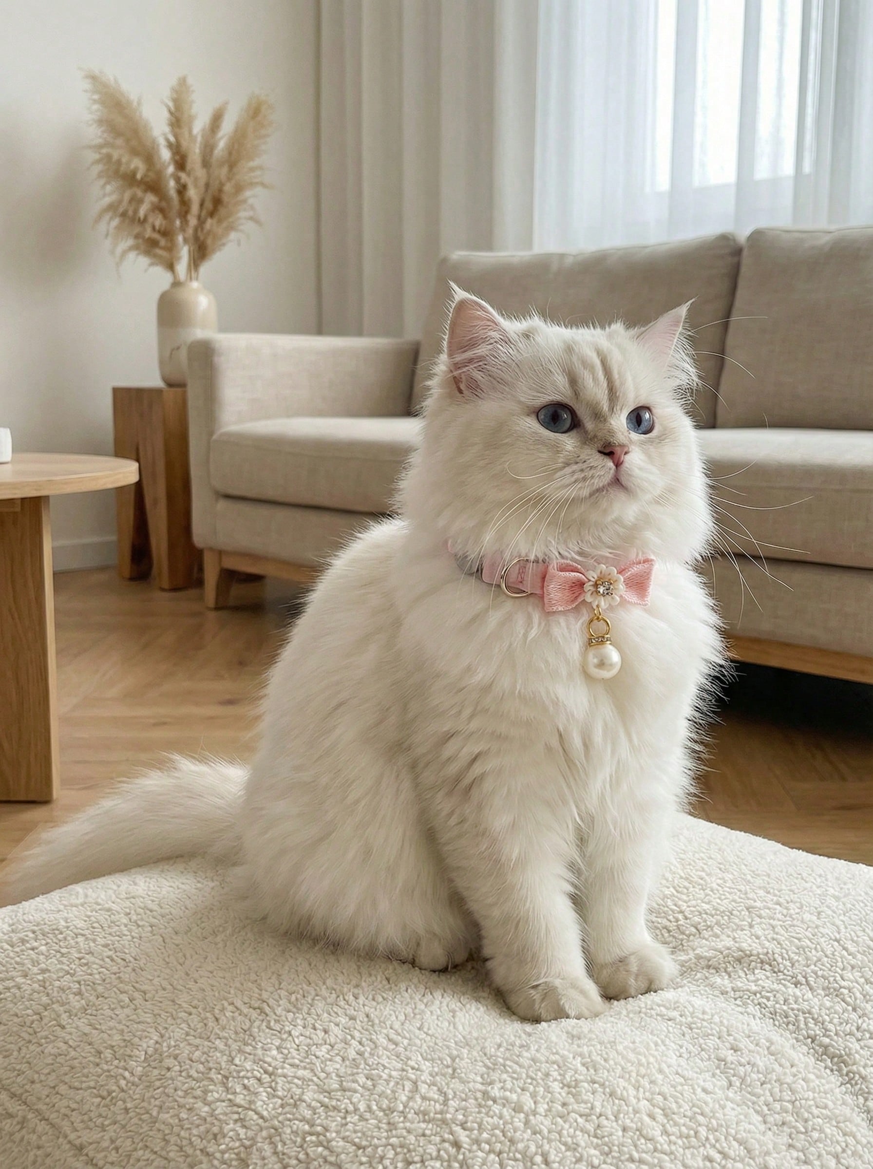 Baby pink adjustable polyester cat collar with quick release clasp, pearl pendant, white bead detail, bow, and flower decoration for kittens and cats.