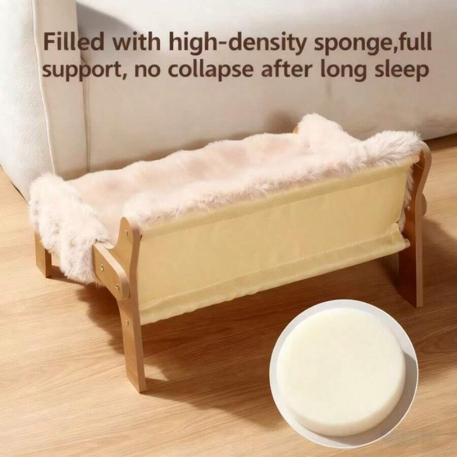 Elevated wooden pet sofa bed featuring a brown memory foam cushion with a removable washable cover, designed for cats and dogs.