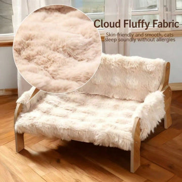 Elevated wooden pet sofa bed featuring a brown memory foam cushion with a removable washable cover, designed for cats and dogs.
