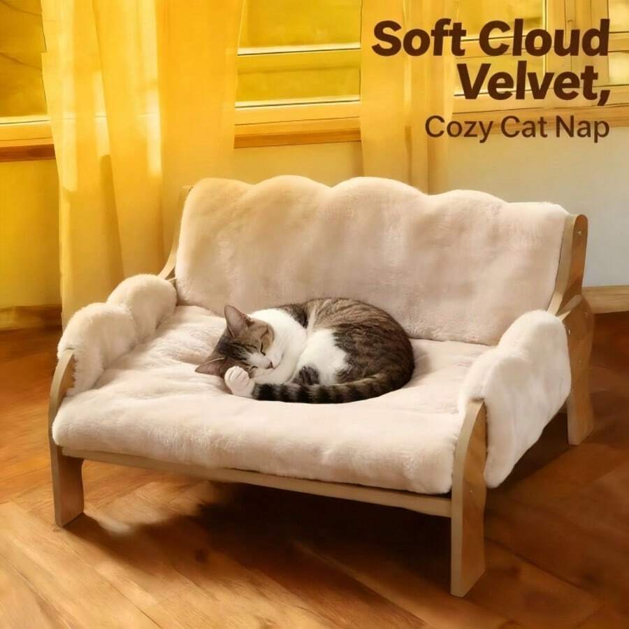 Elevated wooden pet sofa bed featuring a brown memory foam cushion with a removable washable cover, designed for cats and dogs.