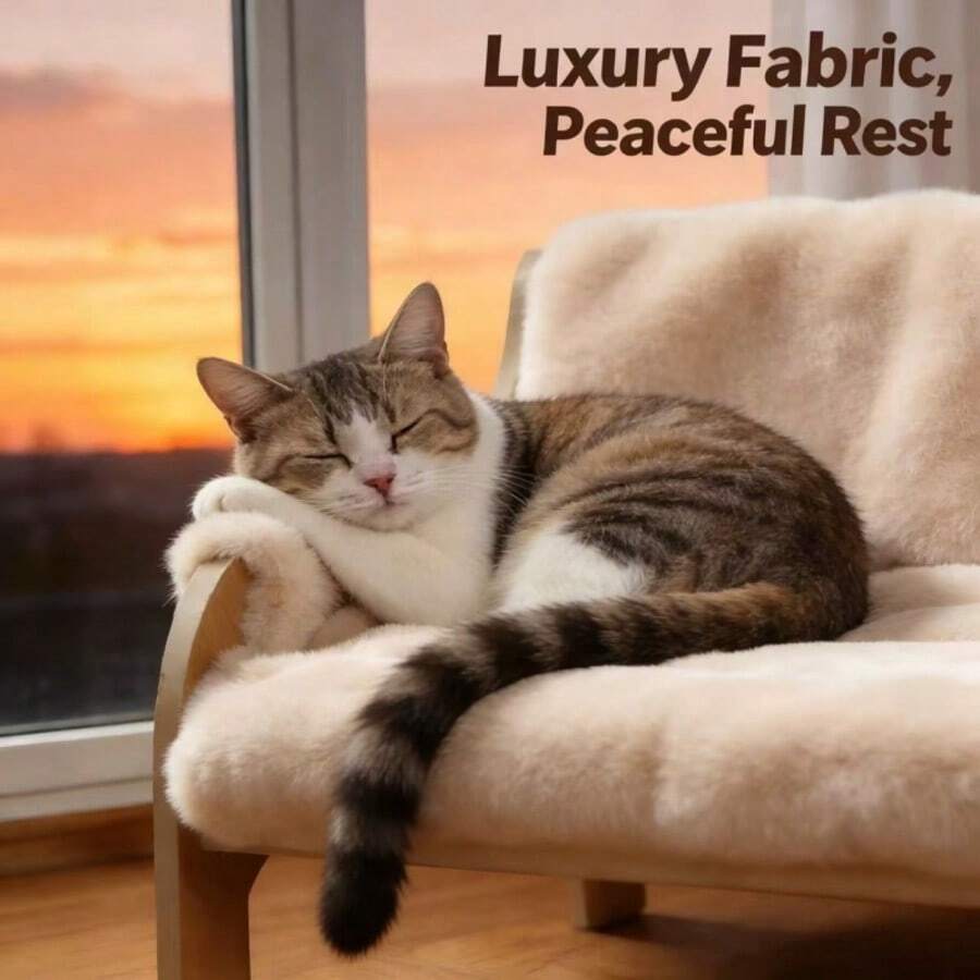 Elevated wooden pet sofa bed featuring a brown memory foam cushion with a removable washable cover, designed for cats and dogs.