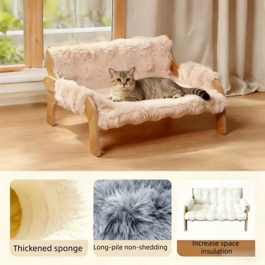 Elevated wooden pet sofa bed featuring a brown memory foam cushion with a removable washable cover, designed for cats and dogs.