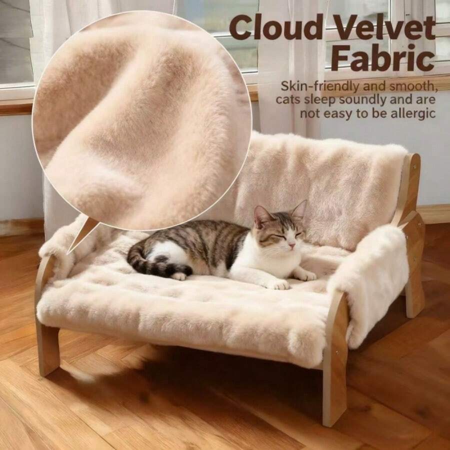 Elevated wooden pet sofa bed featuring a brown memory foam cushion with a removable washable cover, designed for cats and dogs.
