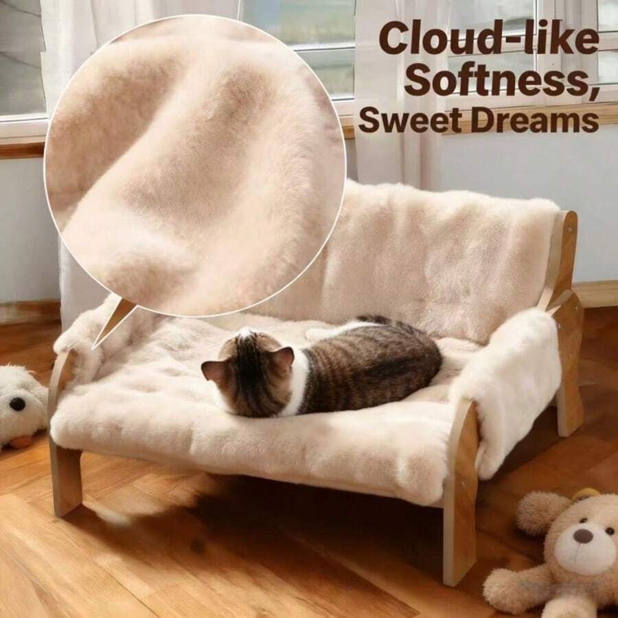 Elevated wooden pet sofa bed featuring a brown memory foam cushion with a removable washable cover, designed for cats and dogs.
