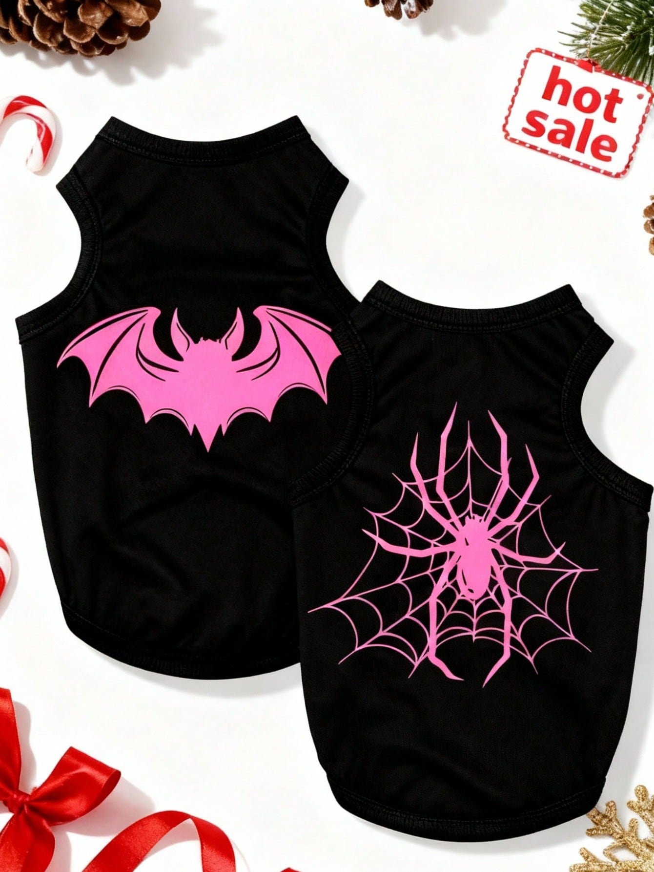 2pcs/Set Polyester Spider & Bat Print Anti-Flea Anti-Shedding Breathable Pet Vest Jacket, Suitable For Cats And Dogs Indoor And Outdoor Use