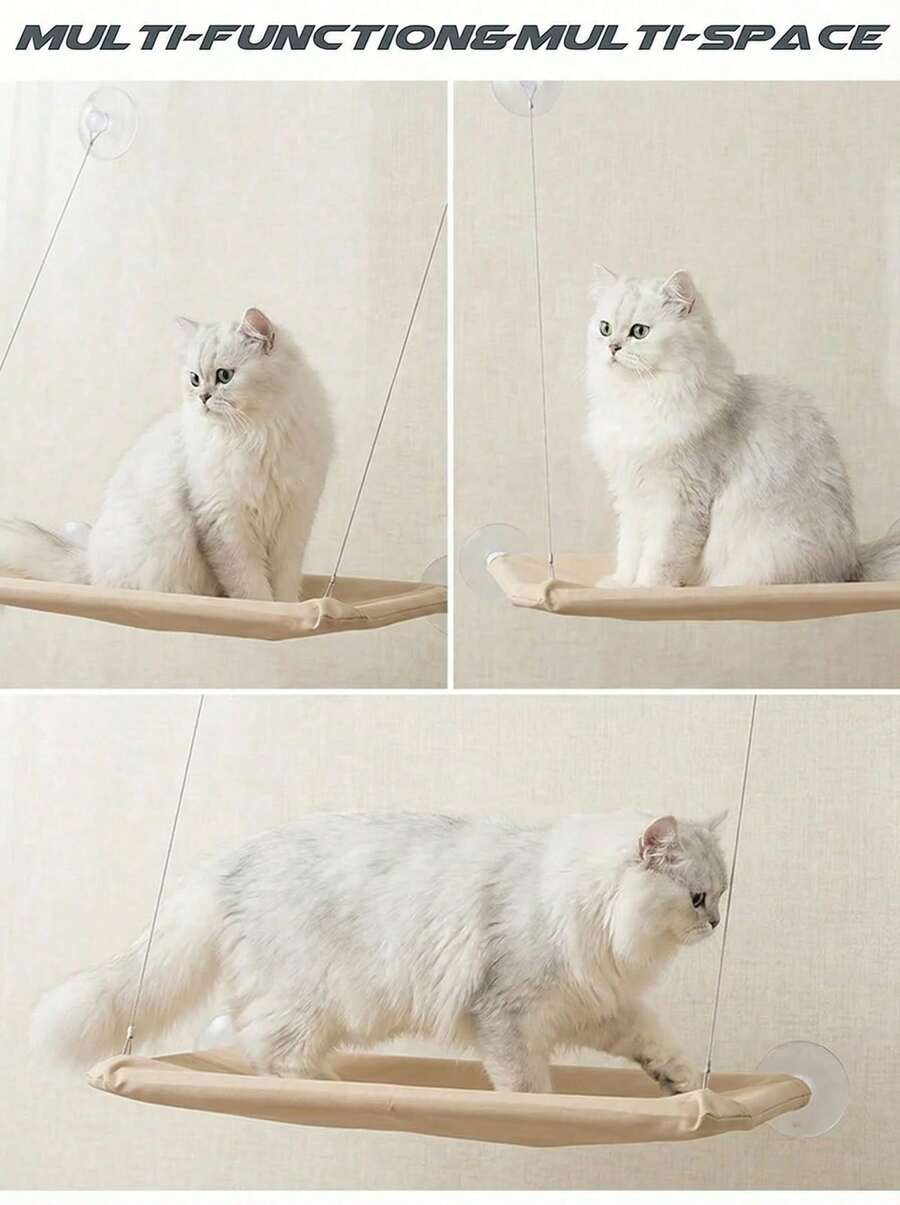 Multicolor window mounted hanging cat hammock bed with cozy blanket for cats supporting up to 5kg.