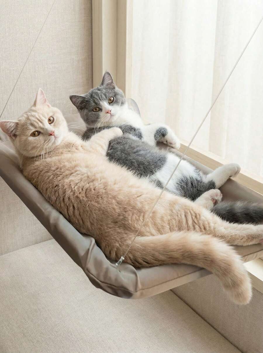 Multicolor window mounted hanging cat hammock bed with cozy blanket for cats supporting up to 5kg.