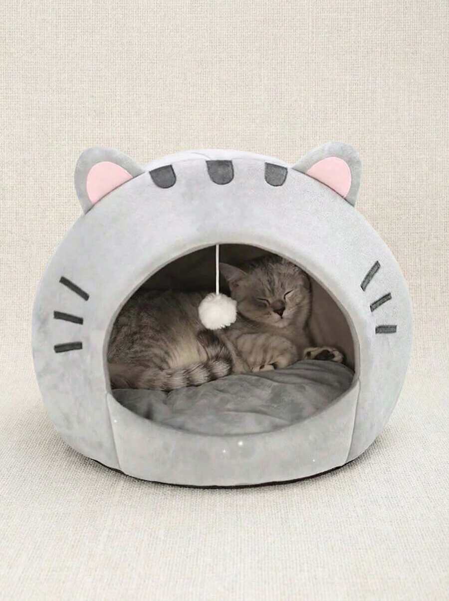Multicolor soft cat bed sleeping basket with cartoon pattern fabric and polyester cushion filling for cats and dogs.