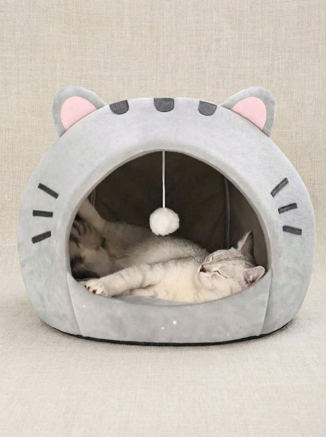 Multicolor soft cat bed sleeping basket with cartoon pattern fabric and polyester cushion filling for cats and dogs.