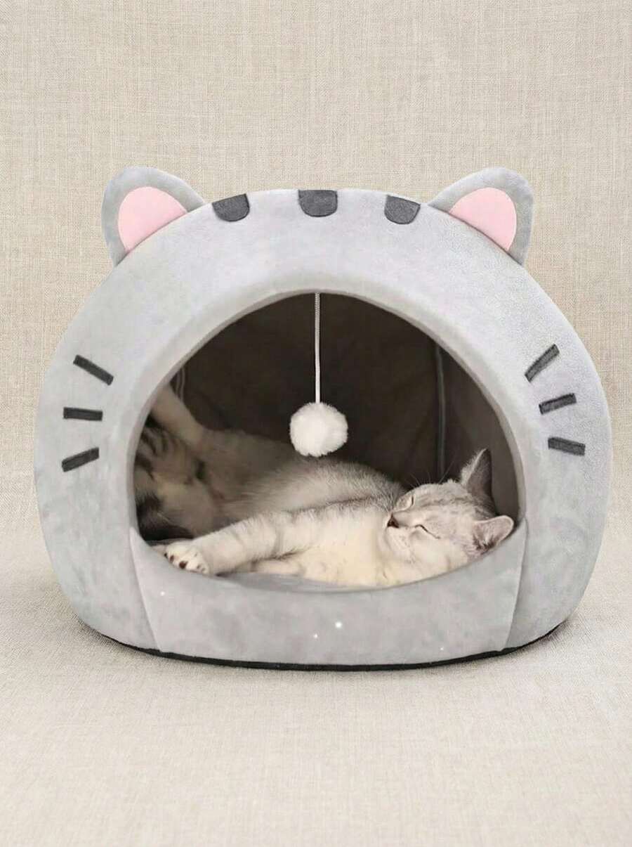 Multicolor soft cat bed sleeping basket with cartoon pattern fabric and polyester cushion filling for cats and dogs.