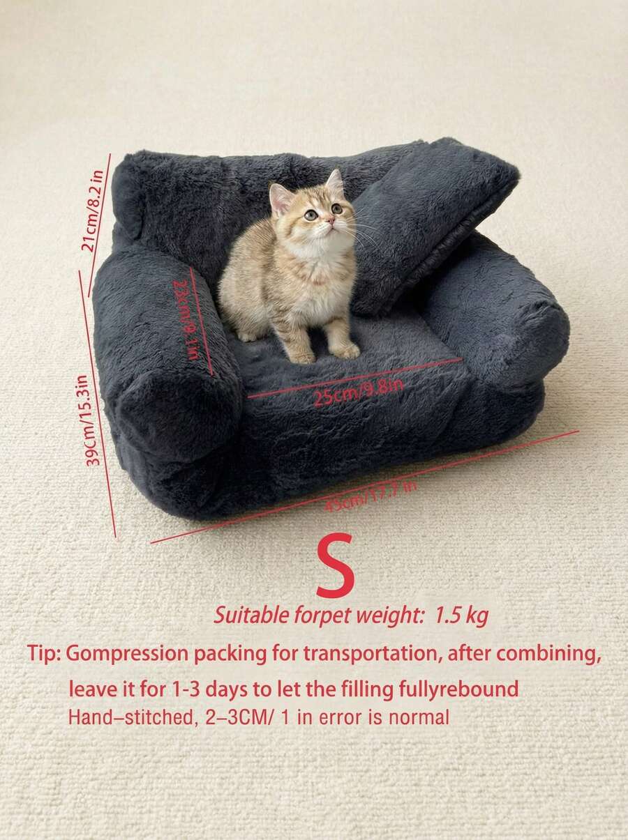 Grey plaid pet cat sofa bed with removable and washable polyester cover for small dogs and cats.
