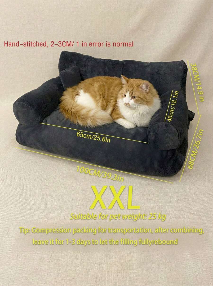 Grey plaid pet cat sofa bed with removable and washable polyester cover for small dogs and cats.