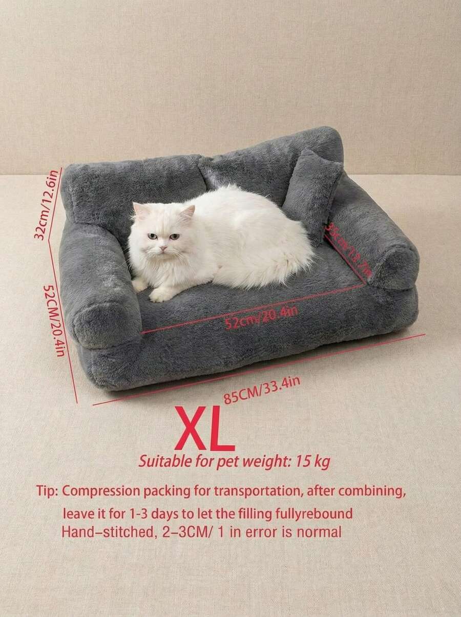 Grey plaid pet cat sofa bed with removable and washable polyester cover for small dogs and cats.