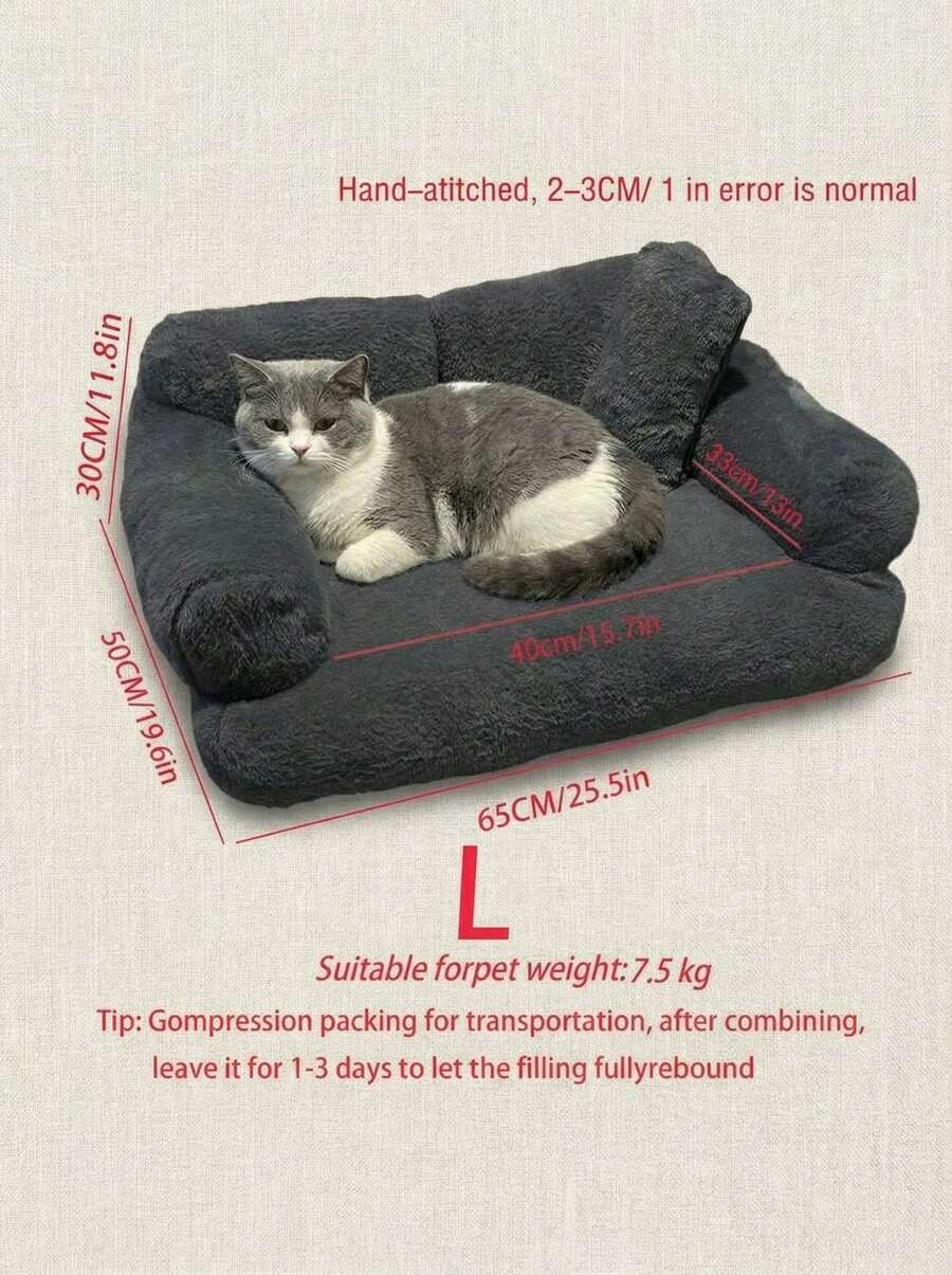 Grey plaid pet cat sofa bed with removable and washable polyester cover for small dogs and cats.