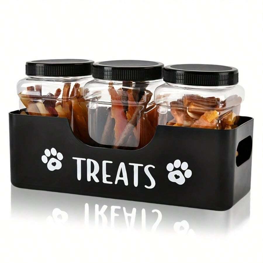 3-piece set of airtight plastic pet treat storage jars in black with rustic cartoon pattern for dog and cat snacks
