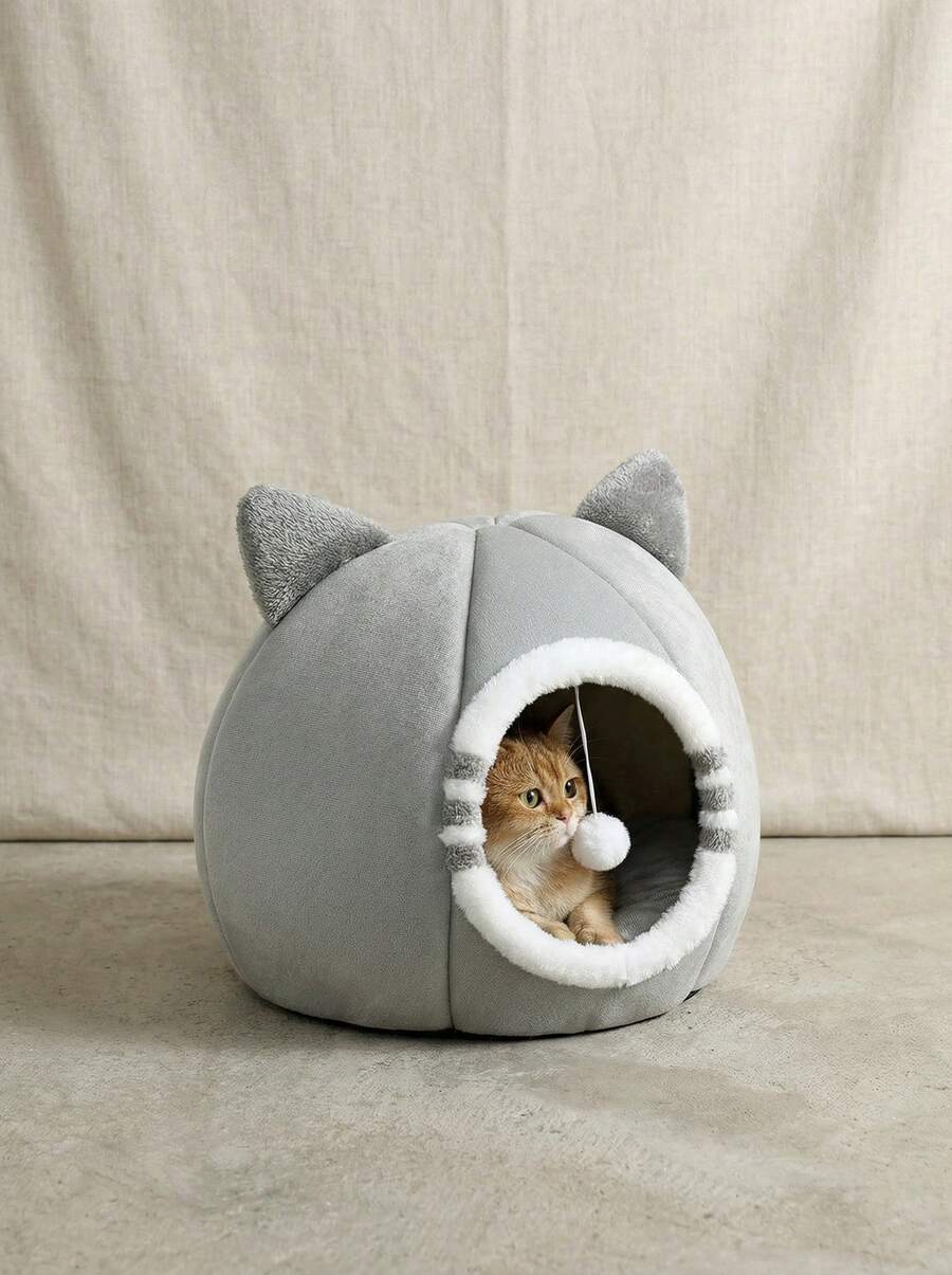 Grey washable cat bed made of soft polyester fabric with an anti-slip bottom for indoor cats and kittens.