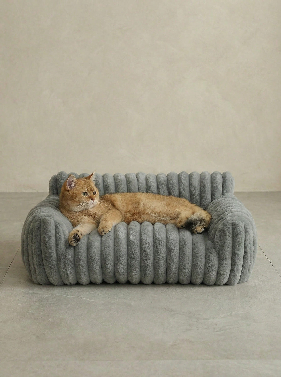 Grey soft fabric cat bed sofa with polyester filling, designed for all-season cat sleeping and resting.