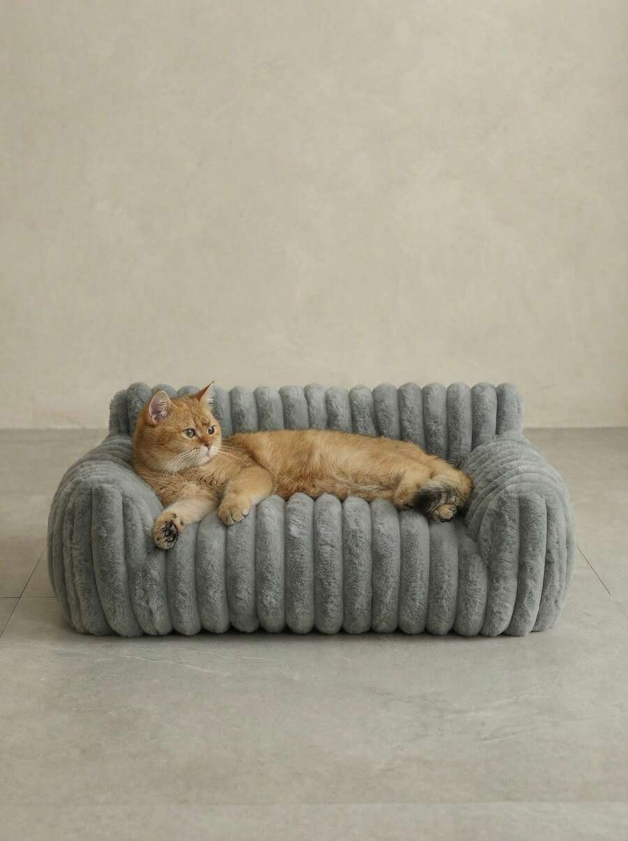 Grey soft fabric cat bed sofa with polyester filling, designed for all-season cat sleeping and resting.