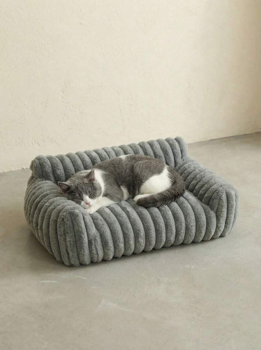 Grey soft fabric cat bed sofa with polyester filling, designed for all-season cat sleeping and resting.