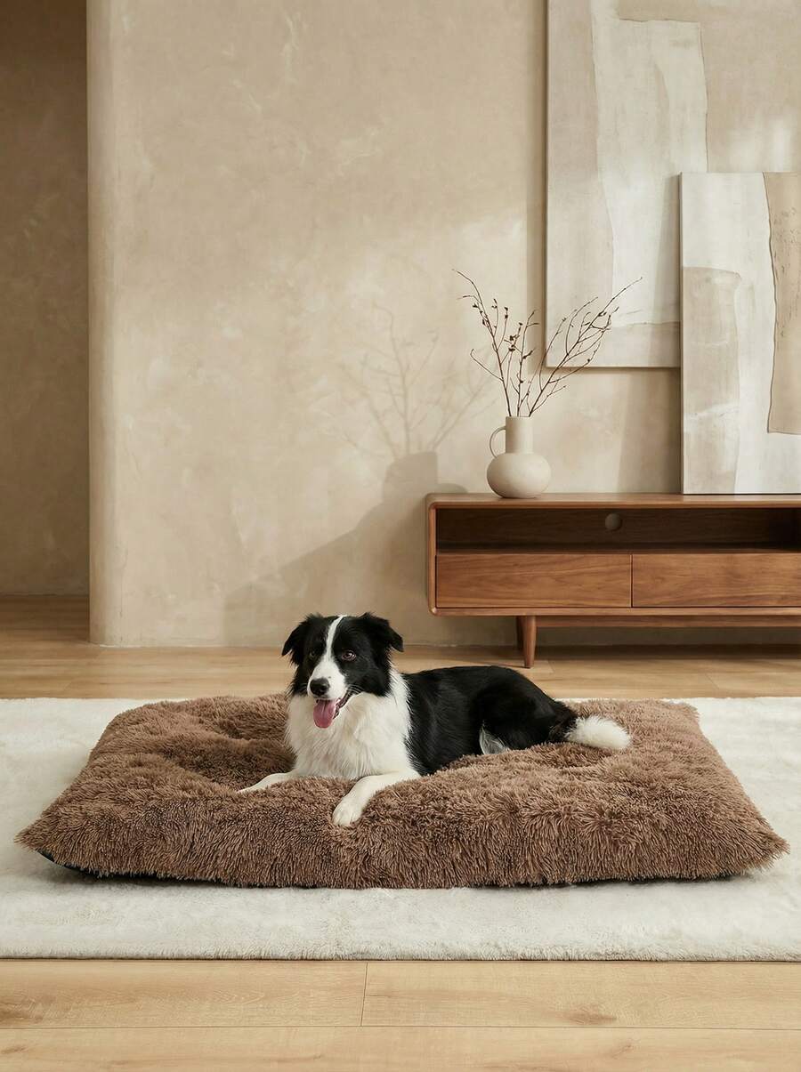 Brown plaid fluffy dog bed and pet mat with slip-resistant bottom for dogs and cats