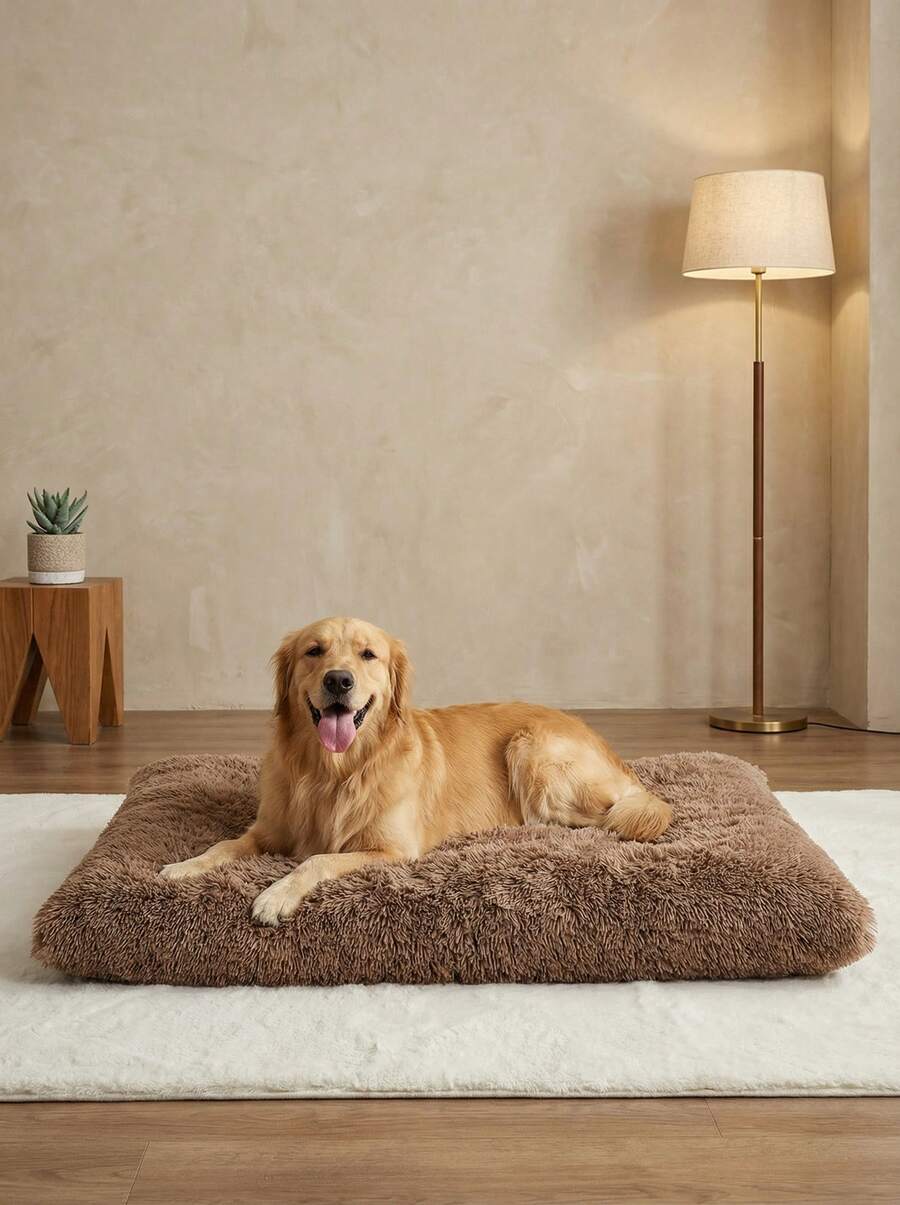 Brown plaid fluffy dog bed and pet mat with slip-resistant bottom for dogs and cats