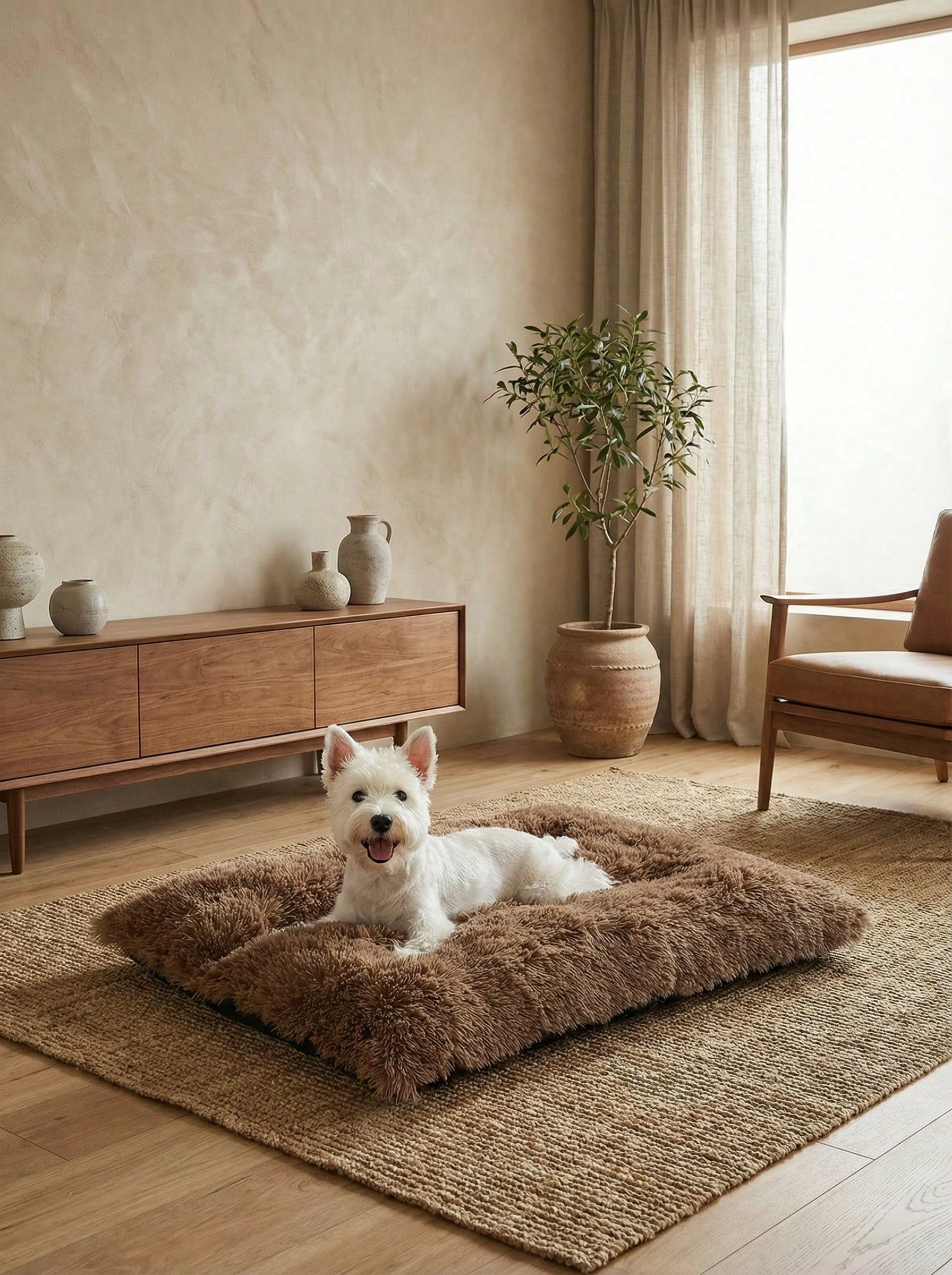 Brown plaid fluffy dog bed and pet mat with slip-resistant bottom for dogs and cats