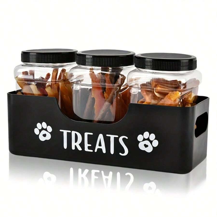 3-piece set of airtight plastic pet treat storage jars in black with rustic cartoon pattern for dog and cat snacks