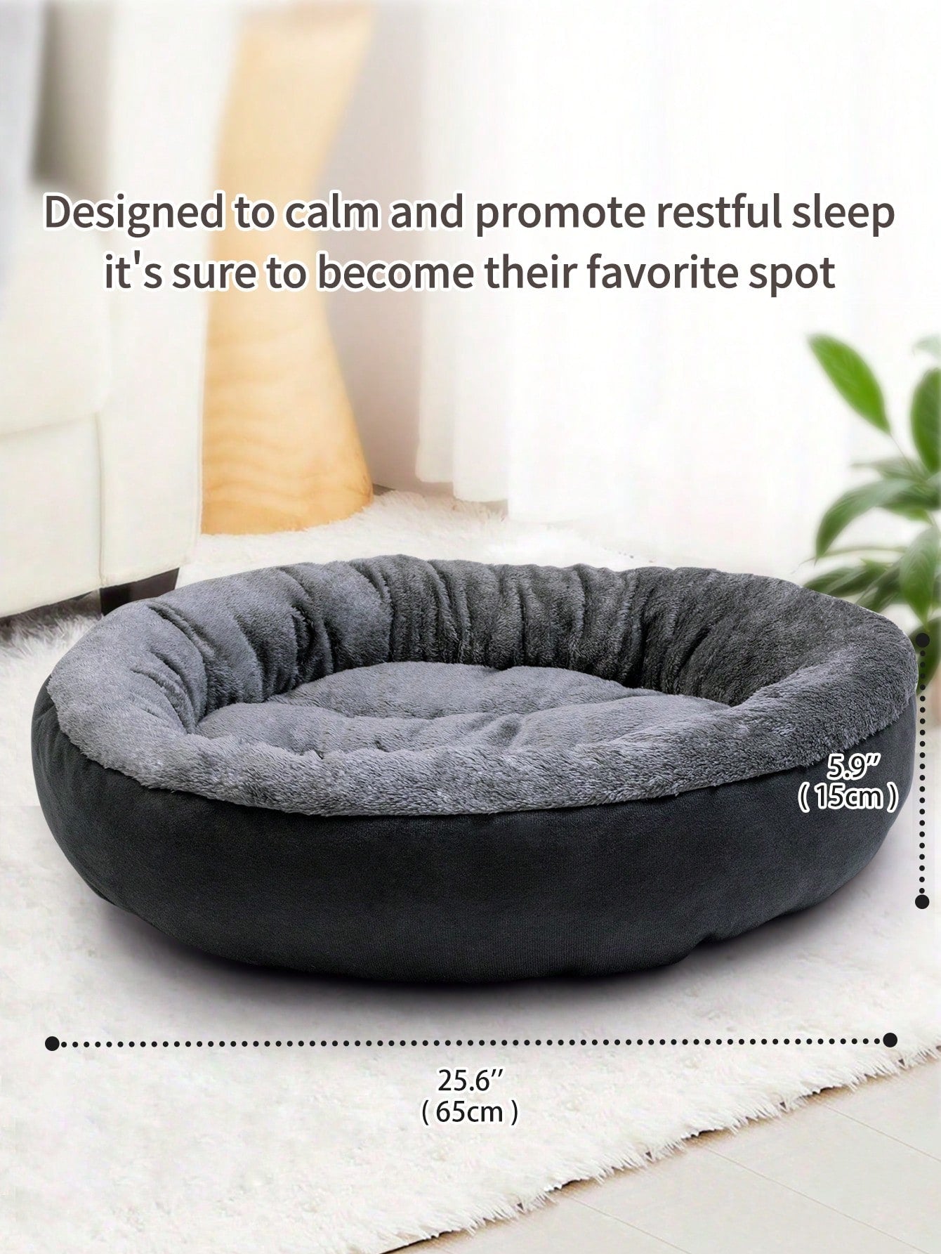 Dark grey plush donut calming pet bed for cats and dogs featuring a soft round design and non-slip bottom.