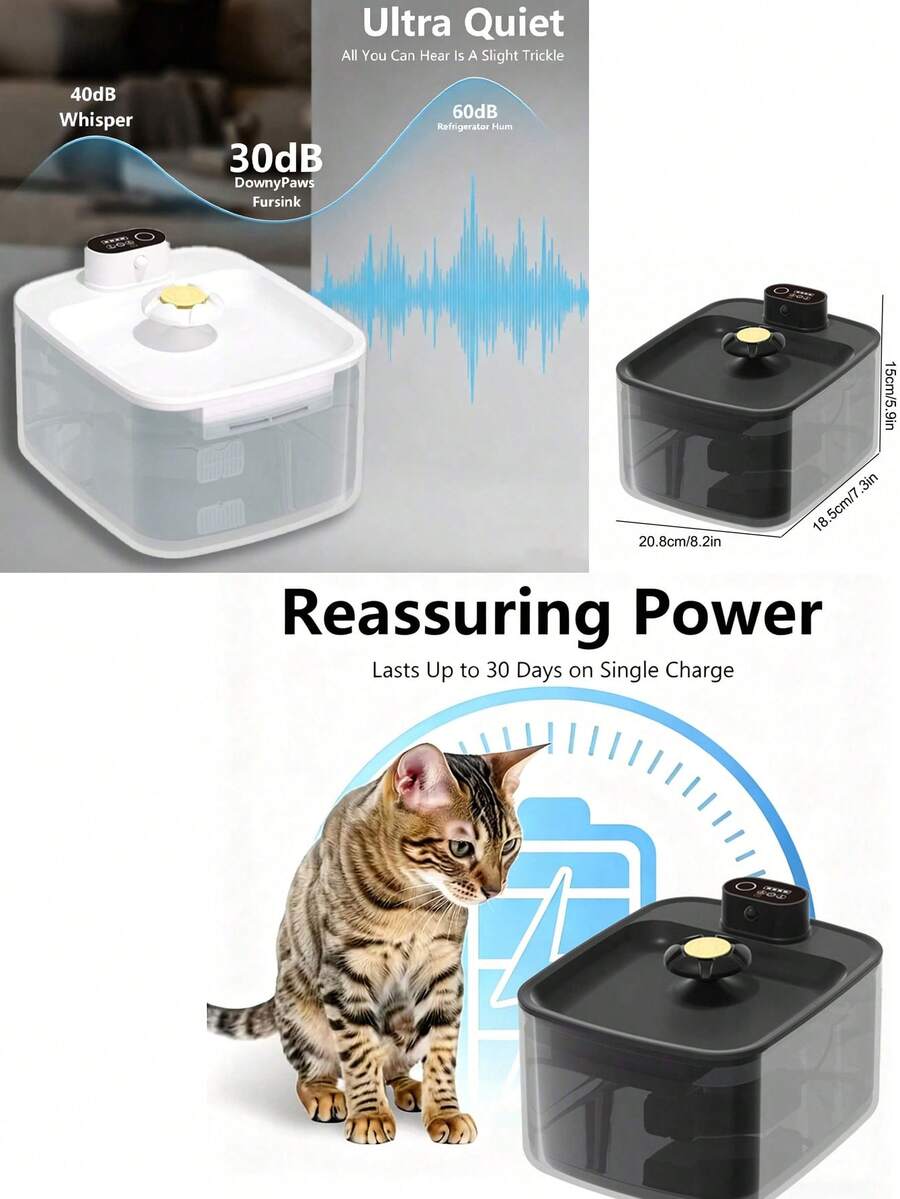 Wireless automatic cat water fountain with motion sensor dispenser, 2.6L capacity, rechargeable battery powered in multicolor ABS material.