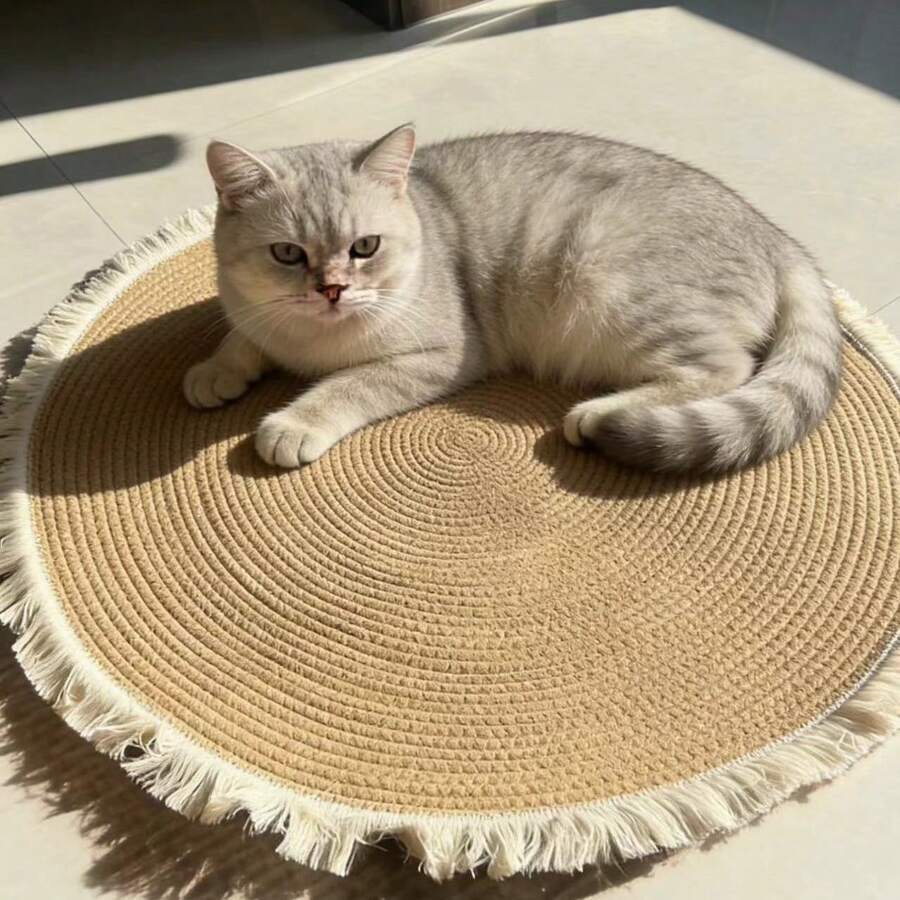 Multicolor non-shed rope woven cat scratching pad designed for pet scratching and lounging