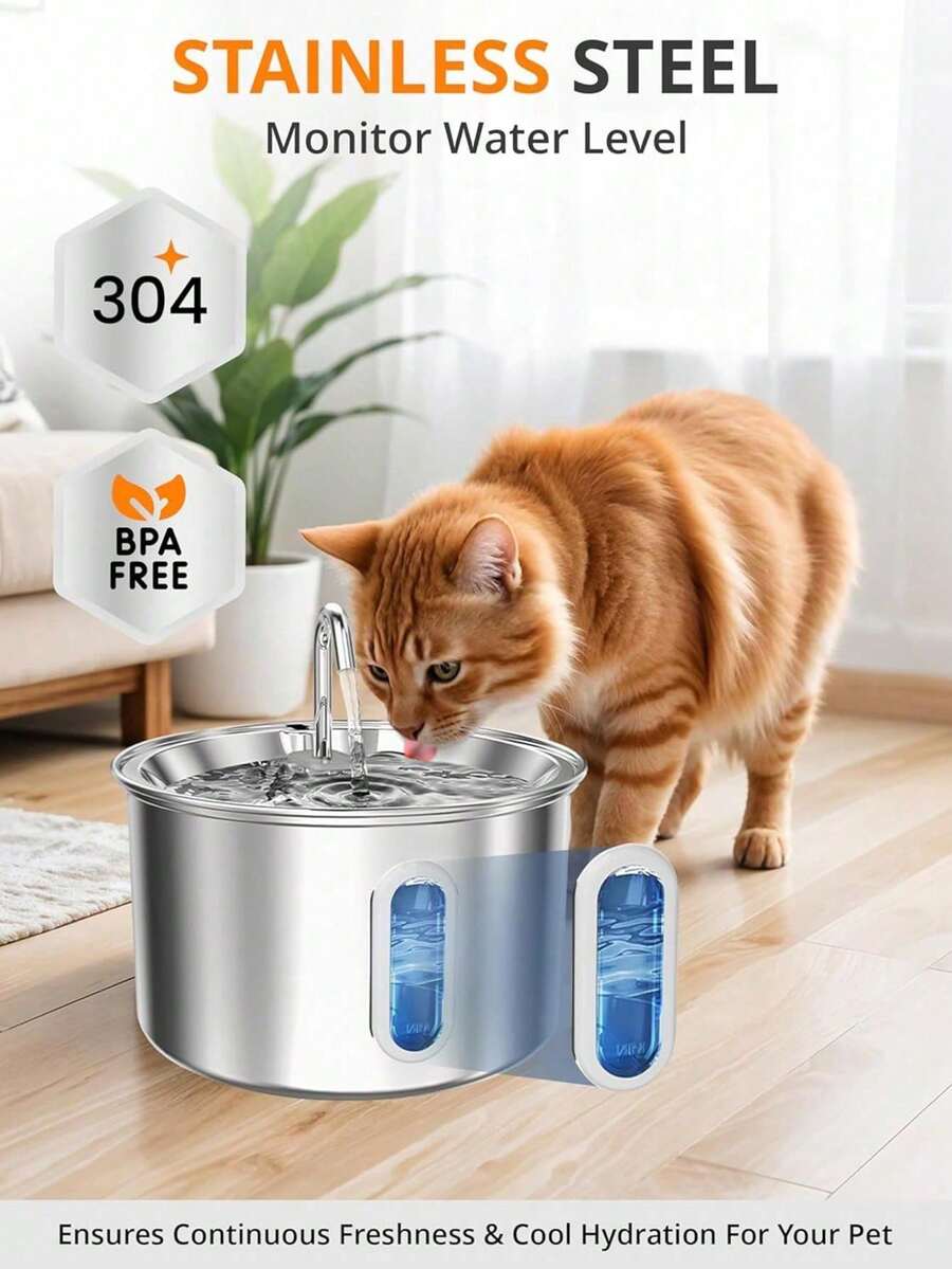 Automatic 304 stainless steel pet water fountain dispenser with quiet pump, visible water level window, and USB power connection for cats and dogs.