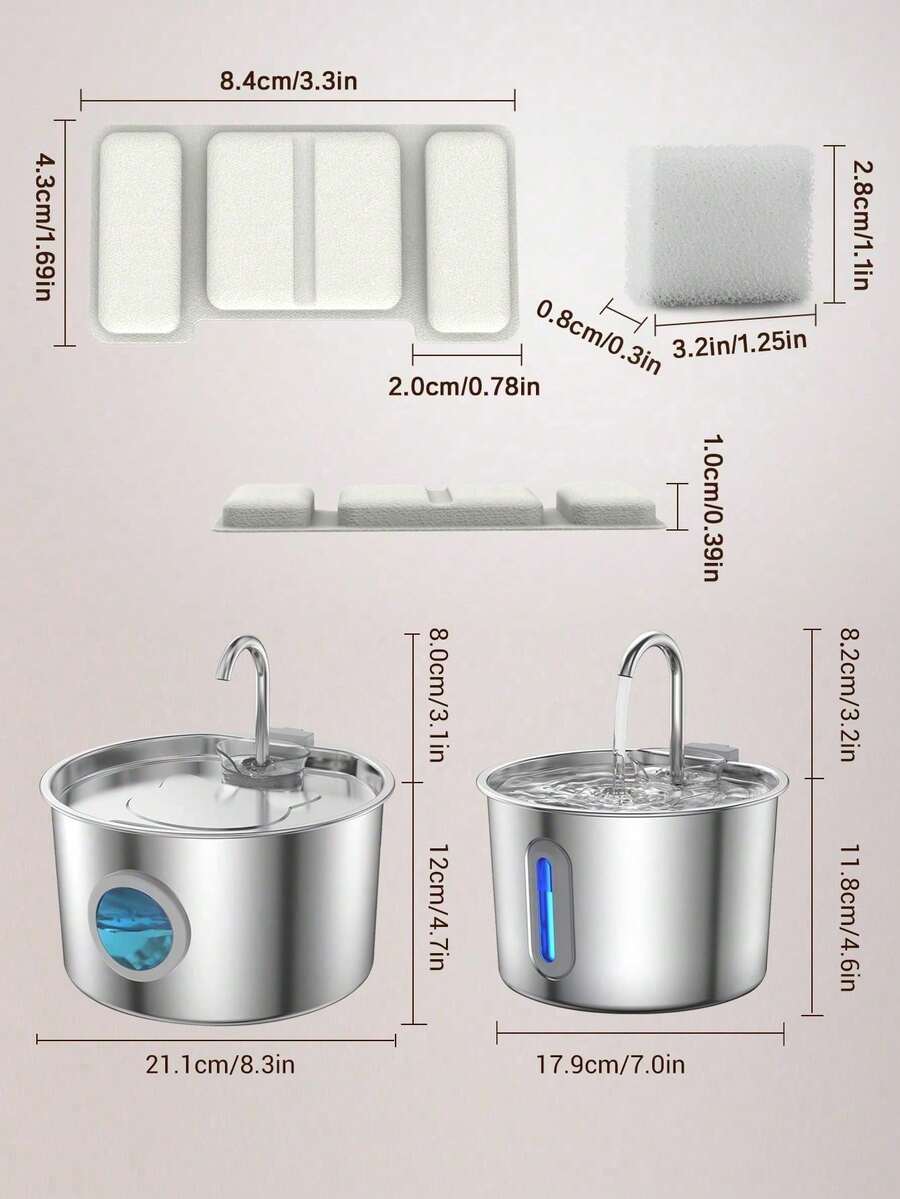 Automatic 304 stainless steel pet water fountain dispenser with quiet pump, visible water level window, and USB power connection for cats and dogs.