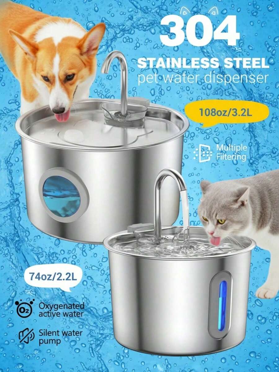 Automatic 304 stainless steel pet water fountain dispenser with quiet pump, visible water level window, and USB power connection for cats and dogs.