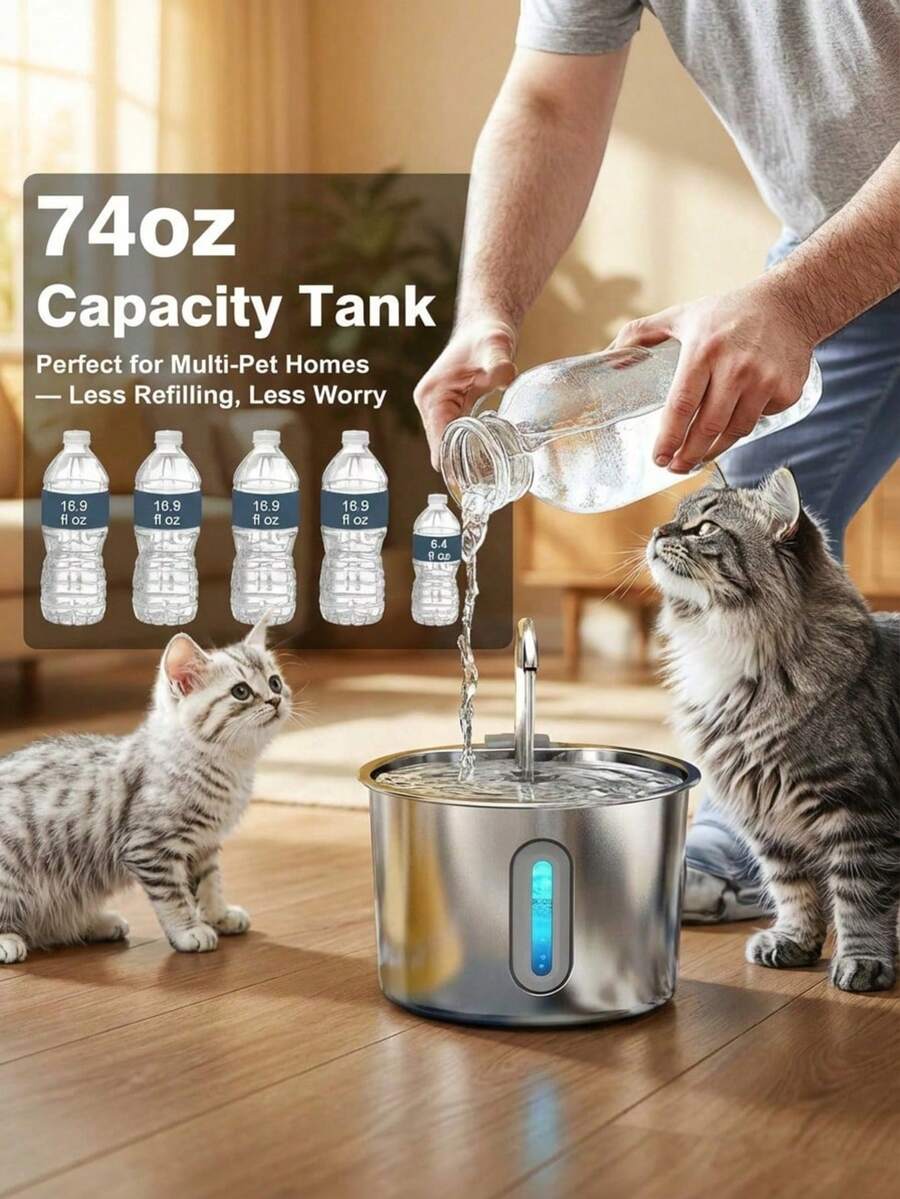 Automatic 304 stainless steel pet water fountain dispenser with quiet pump, visible water level window, and USB power connection for cats and dogs.