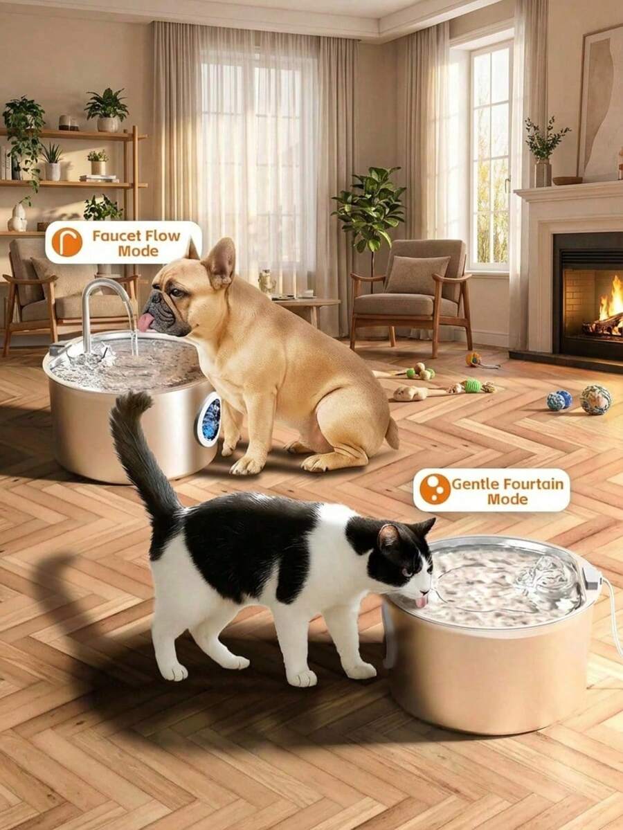 Automatic 304 stainless steel pet water fountain dispenser with quiet pump, visible water level window, and USB power connection for cats and dogs.