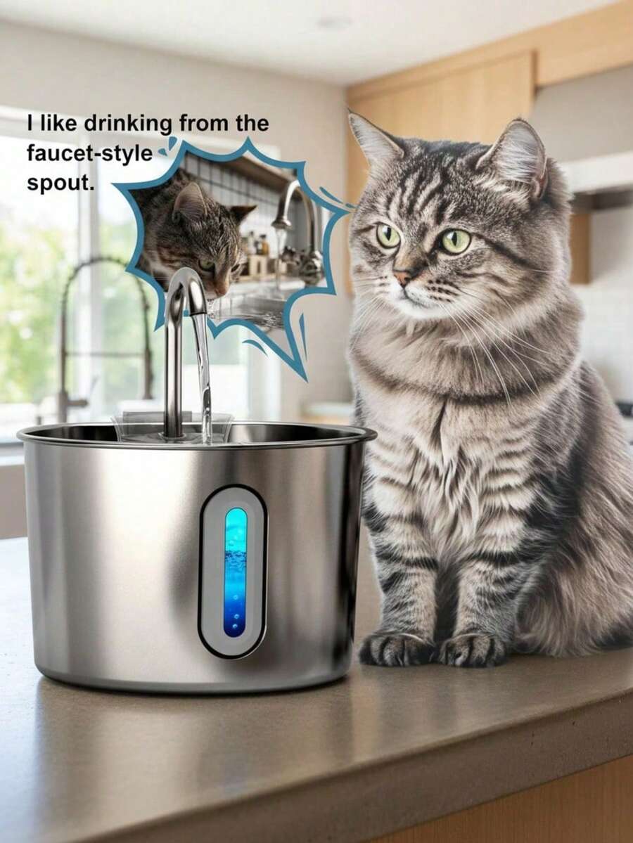 Automatic 304 stainless steel pet water fountain dispenser with quiet pump, visible water level window, and USB power connection for cats and dogs.