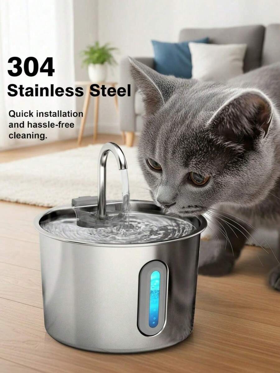 Automatic 304 stainless steel pet water fountain dispenser with quiet pump, visible water level window, and USB power connection for cats and dogs.