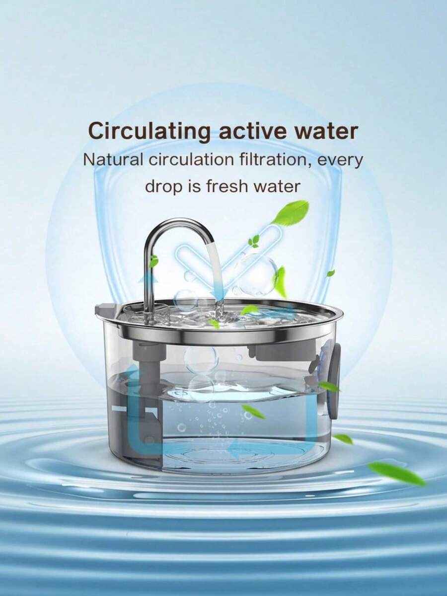 Automatic 304 stainless steel pet water fountain dispenser with quiet pump, visible water level window, and USB power connection for cats and dogs.