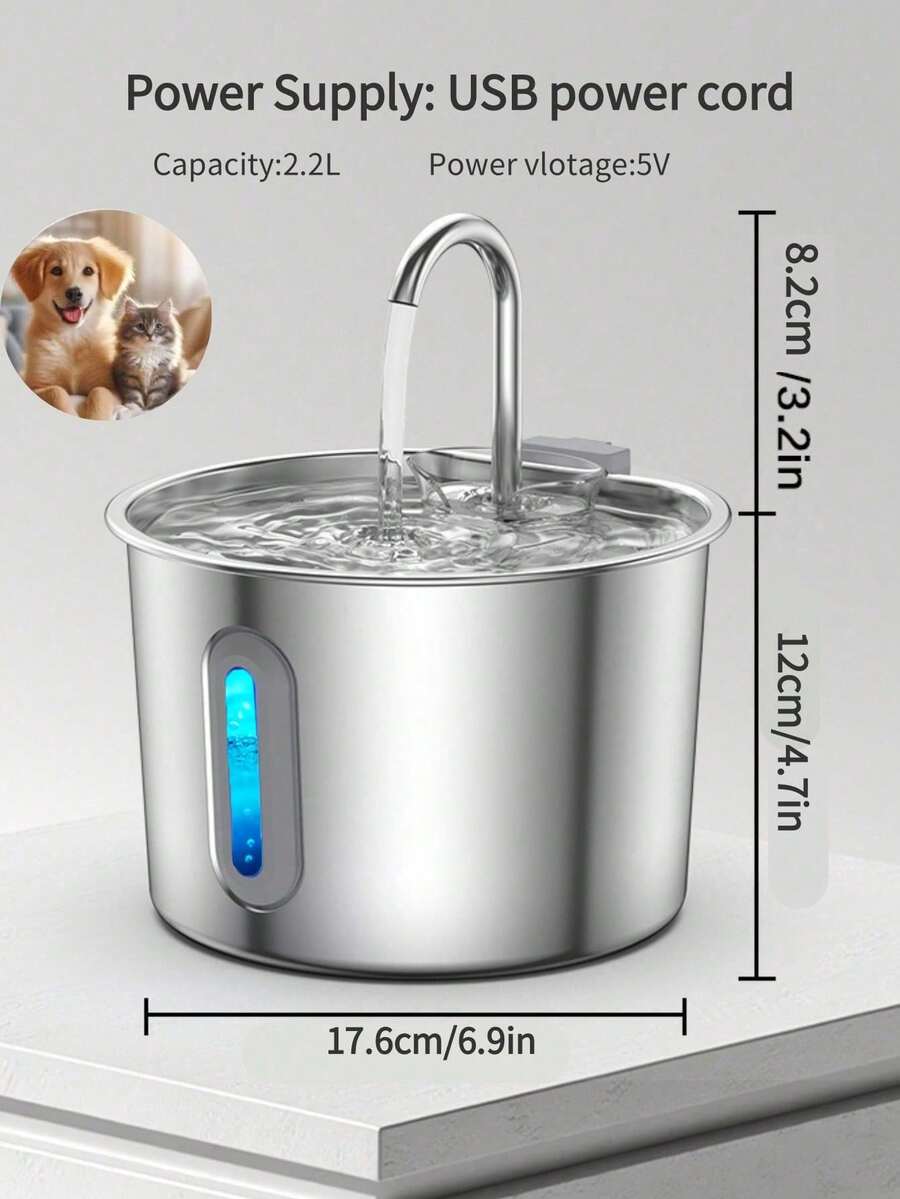 Automatic 304 stainless steel pet water fountain dispenser with quiet pump, visible water level window, and USB power connection for cats and dogs.