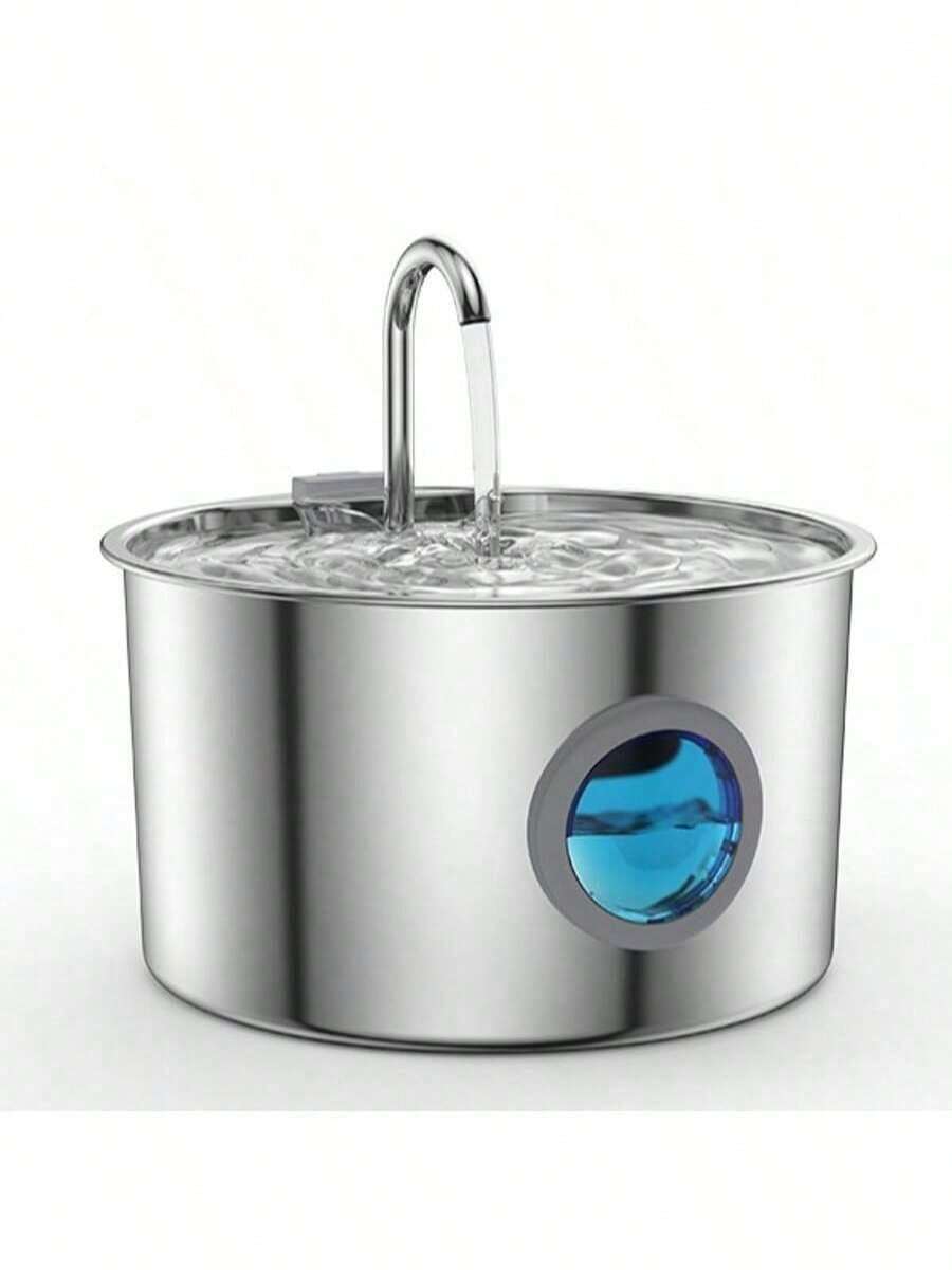 Automatic 304 stainless steel pet water fountain dispenser with quiet pump, visible water level window, and USB power connection for cats and dogs.